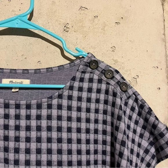 Madewell Blue Gingham Seersucker Top L Button Shoulder Short Sleeve Casual - Picture 2 of 8